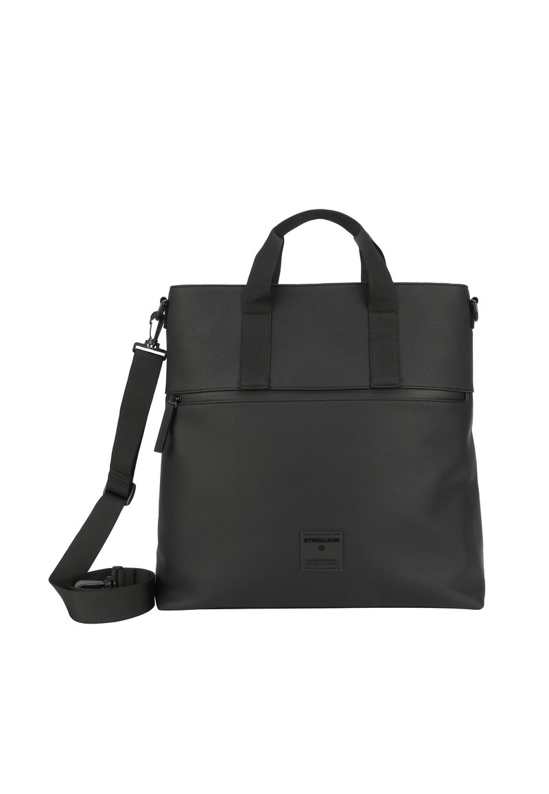 Borsa per laptop in materiale sintetico nero con doppie maniglie superiori, tracolla rimovibile, chiusura con zip e una sezione superiore testurizzata.