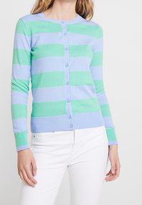 Lekki kardigan w naprzemienne jasnoniebieskie i zielone pasy. Posiada okrągły dekolt, zapięcie na guziki oraz ściągacze na mankietach i dole.