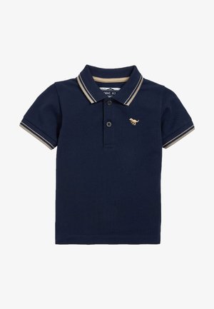 Temno modra polo majica s kratkimi rokavi, z dvema gumboma, bež detajli na ovratniku in rokavih, z majhnim vezenjem rumenega dinozavra.