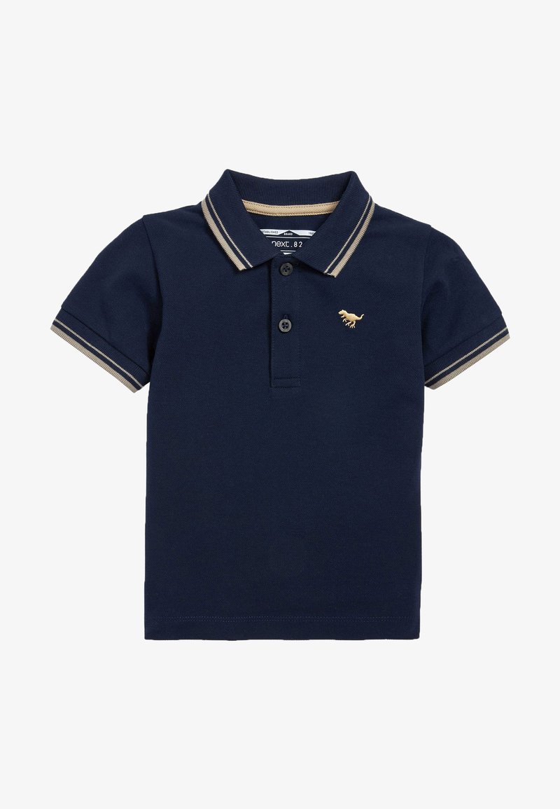 Marineblauwe poloshirt met korte mouwen, twee knopen, beige accenten op de kraag en mouwen, bevat een kleine gele dinosaurus borduring.