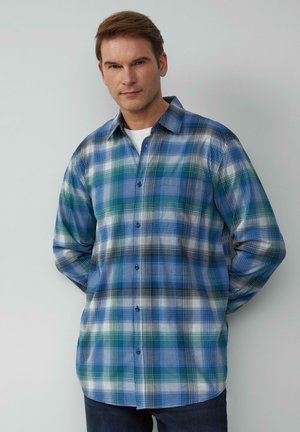 Geruite button-up shirt in blauw, groen en wit. Gemaakt van een geweven stof met een gladde textuur. Standaard kraag en lange mouwen.