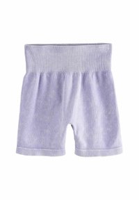 Ljubičaste prugaste cotton kratke hlače s elastičnom trakom u struku i naboranim teksturom. Imaju kratku dužinu i prošivene rubove.
