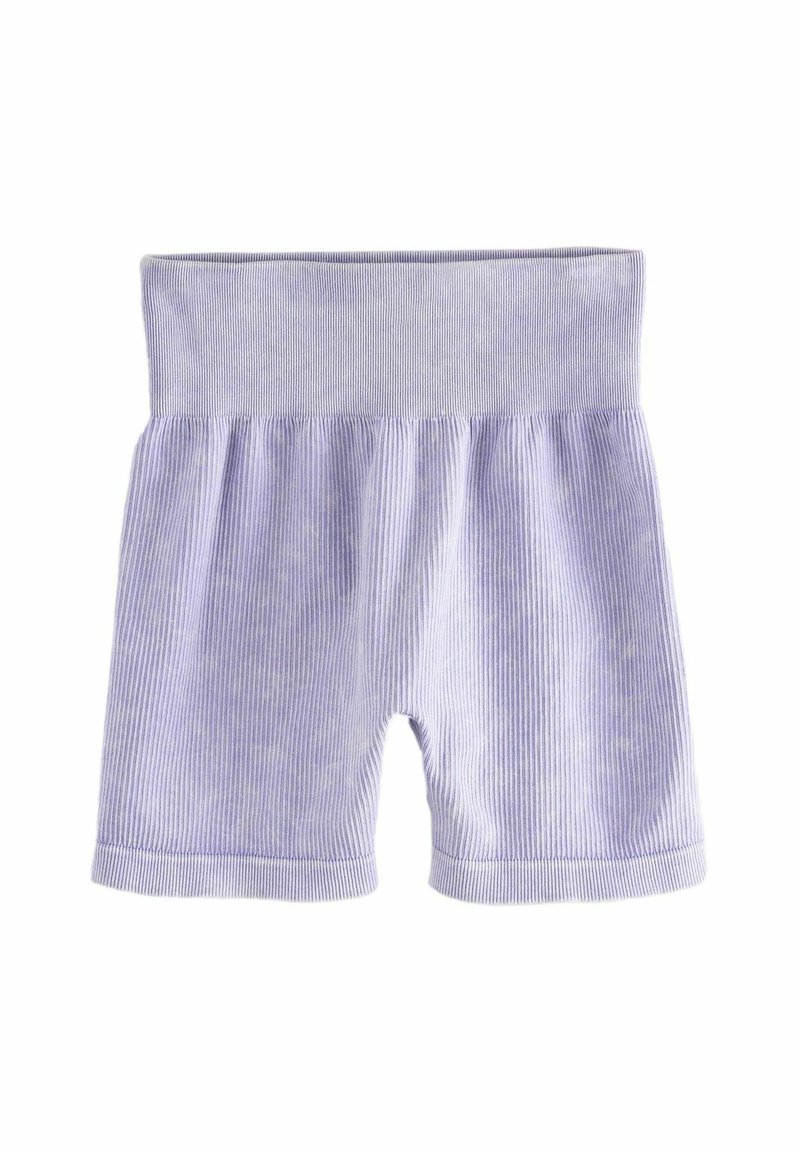 Ljubičaste prugaste cotton kratke hlače s elastičnom trakom u struku i naboranim teksturom. Imaju kratku dužinu i prošivene rubove.