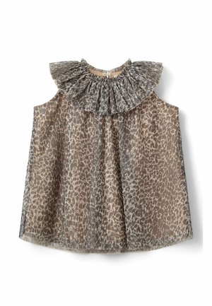 Top trasparente senza maniche in marrone chiaro con motivo leopardato e colletto arricciato e plissettato. Presenta una chiusura con bottoni sul retro.