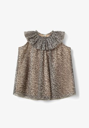 Áttetsző, ujjatlan világosbarna felső leopárdmintával, fodros, pliszírozott gallérral. Hátul gombos megoldással.