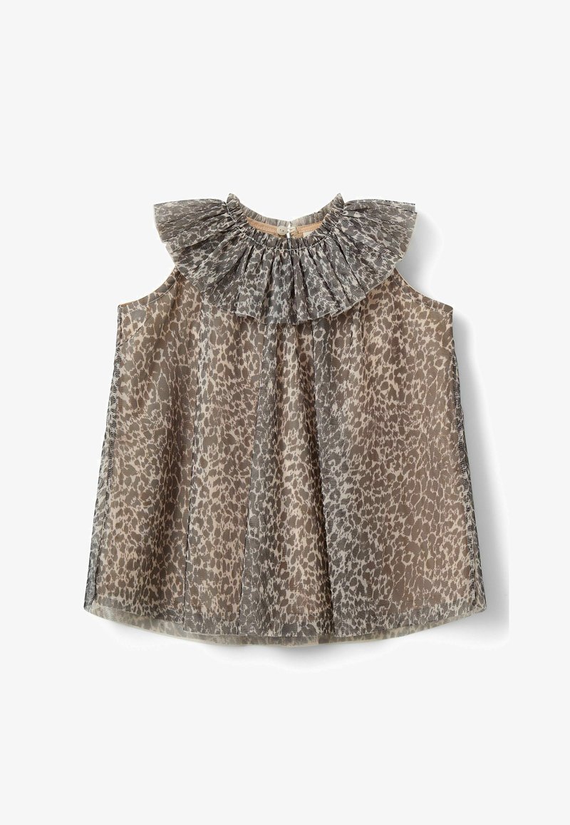 Haut sans manches transparent de couleur marron clair avec un motif léopard et un col plissé à volants. Fermeture par bouton au dos.