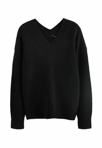 Pull noir côtelé avec un décolleté en V profond, des manches longues et une coupe décontractée. Fabriqué en matière texturée avec peu de détails.