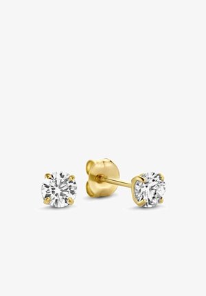 Paire de boucles d'oreilles puces en diamant taille ronde, serties en or jaune à quatre griffes avec fermoirs papillon, sur fond blanc.