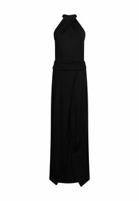 Zwarte halter maxi jurk van zachte stof met een gedraaide halslijn, wikkeldesign en knoopdetail aan de onderkant, met een vloeiende silhouet.
