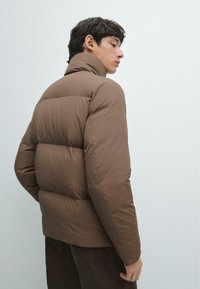 Braune Steppjacke mit hohem Kragen, gesteppter Textur und taillierter Silhouette, von hinten vor hellem Hintergrund gezeigt.