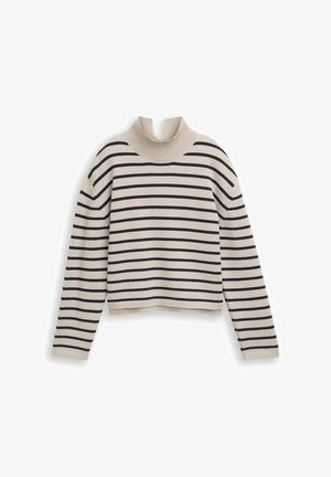 Maglione corto color crema con righe orizzontali nere, collo alto a costine e maniche lunghe. Tessuto lavorato a maglia con texture.