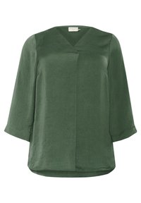 Blusa verde de manga 3/4 hecha de un tejido suave y ligero. Presenta un escote en V y un dobladillo ligeramente curvado con un minimalismo en los detalles.