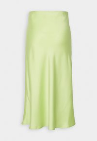 Jupe midi en satin vert clair avec un design lisse, légèrement évasé et une taille haute sur un fond uni.