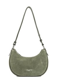 Piccola borsa a spalla in suede verde oliva con forma curvata, zip argentata e logo "Lancaster Paris" in bianco sul davanti.