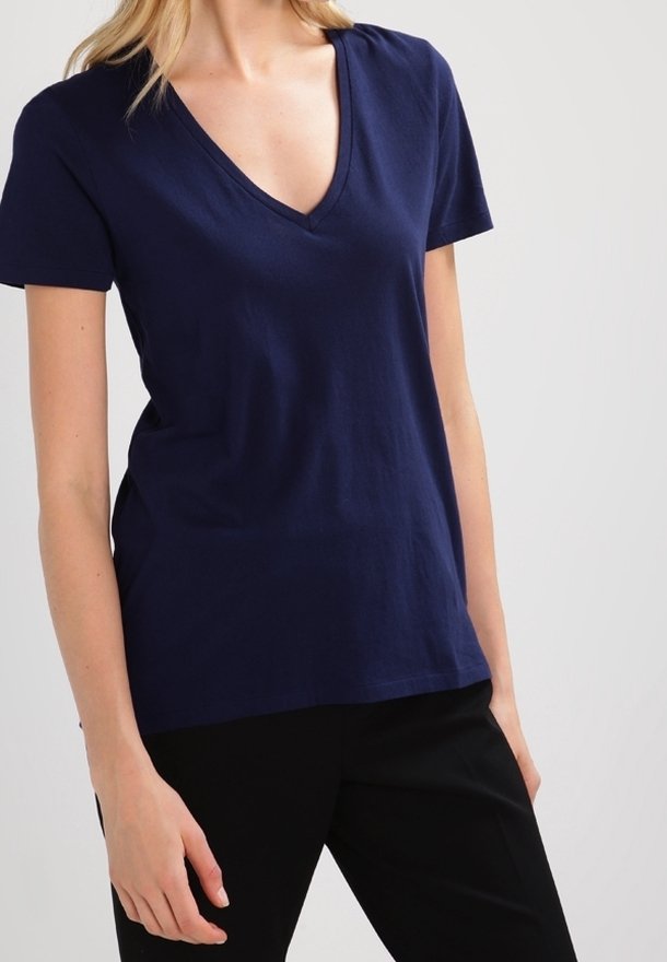 Mörkblå kortärmad T-shirt med V-hals i mjukt bomullsmaterial, med en avslappnad passform och slät yta.