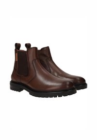 Bruine leren Chelsea-boots met elastische zijpanelen, ronde neus en gestructureerde afwerking. Voorzien van een robuuste zwarte rubberen zool voor grip.