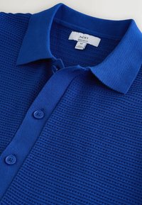 Polo bleu en maille avec rayures horizontales texturées, patte de boutonnage et col, étiqueté Next, coupe régulière, taille moyenne.