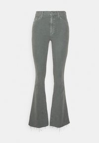 Grijze flared denim broek met een hoge taille, knoopsluiting, voorzakken en een rafelrand. Soepele textuur.