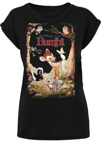 Juodas marškinėlis su spalvingu grafiniu spausdinimu „Bambi“, vaizduojančiu gyvūnus gėlių scenoje, trumpomis rankovėmis ir laisvu siluetu.
