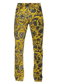 Svarta och grå byxor med ett mönster av guldkedjor mot en leopardprickig bakgrund, tillverkade av ett lent tyg med en figurnära design.