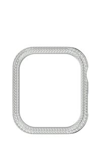 Marco cuadrado incrustado de cristales con un borde plateado elegante, con esquinas redondeadas y una superficie texturizada y brillante.