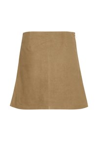 Jupe A-line en daim marron avec une taille mi-haute, texture lisse et fermeture éclair sur le côté. Présente des lignes épurées sans embellissements supplémentaires.