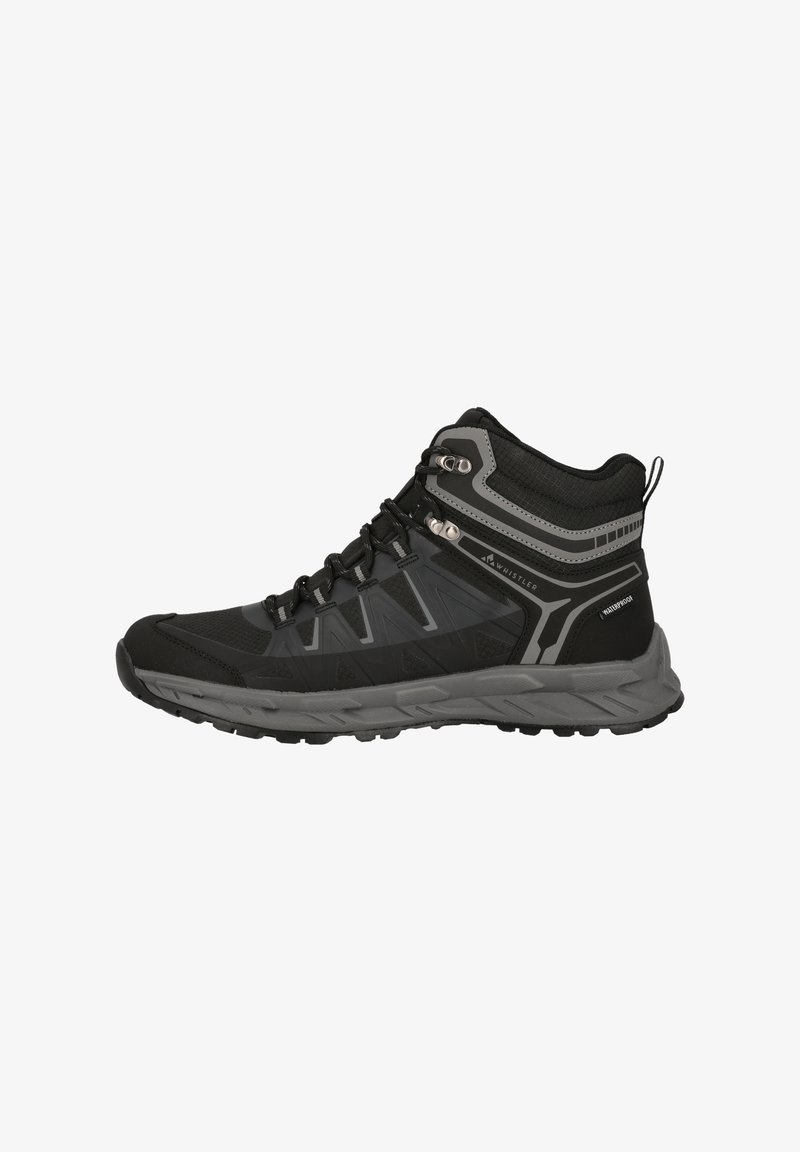 Mittelhohe schwarze Wanderschuhe mit grauen Akzenten, ausgestattet mit einem strukturierten Obermaterial, verstärkter Zehenpartie und einer robusten Sohle für gute Traktion. Wasserfestes Material.