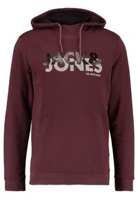 Felpa con cappuccio bordeaux, tasca a marsupio, cappuccio regolabile con coulisse e testo audace "JACK & JONES RE:DEFINED" in colori a contrasto.