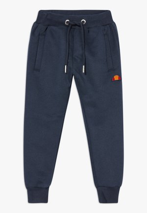 Marineblauwe joggingbroek met elastische tailleband, trekkoord, geribbelde boorden, zijzakken en een klein oranje-rood halve cirkel-logo op het been.