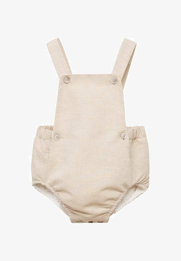 Salopetă din in bej cu bretele reglabile, două închideri cu nasturi și picioare elasticizate pentru confort. Design simplu și funcțional.
