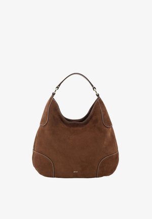 Brown suede shoulder bag with single handle, rounded shape, visible stitching, and small logo on front center.