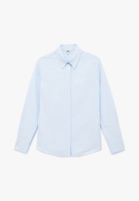 Lichtblauw overhemd met lange mouwen van gladde stof, voorzien van een puntige kraag, knoopsluiting en gestructureerde naden. Geen patronen of accenten.