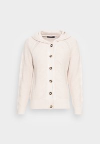 Jasno-beżowy, dziergany kardigan z kapturem, z charakterystycznym wzorem w warkocze, przednim zapięciem na guziki oraz ribbami na mankietach i dolnym brzegu.