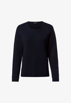 Marineblauer Langarmpullover mit strukturiertem diagonalen Rippmuster. Verfügt über einen Rundhalsausschnitt und leichtes Strickmaterial. Markentag sichtbar.