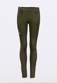 Colanți atletici verde măsliniu cu finisaj texturat, având buzunare laterale, talie înaltă și un logo contrastant în față.