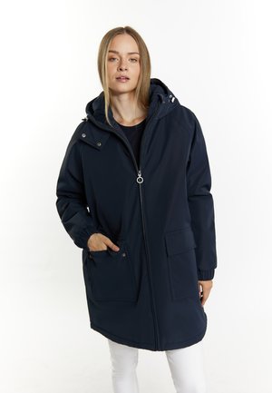 Marineblauer Parkajacke mit Kapuze, Reißverschluss, elastischen Bündchen und zwei Vordertaschen. Wasserabweisender Stoff mit glatter Textur.
