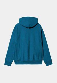 Sudadera verde azulado con capucha, puños acanalados y bolsillo tipo canguro. Textura suave y corte holgado, con una superficie lisa.