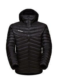 Black puffer jacket with a hood, made of quilted material. Features chevron patterns, front zip, and logo on the left chest.
