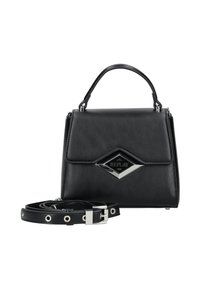 Borsa a tracolla in pelle nera con maniglia superiore, targhetta argentata a forma di diamante con la scritta "REPLAY" e una tracolla regolabile detachable arrotolata accanto.