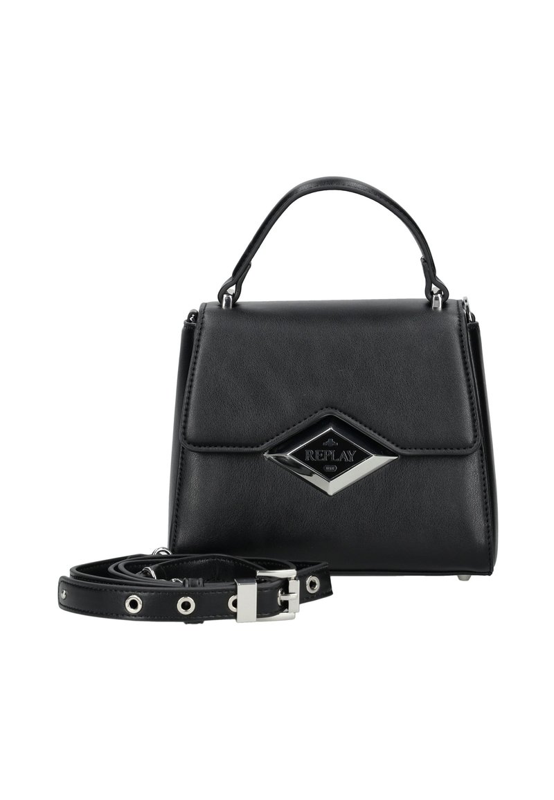 Borsa a tracolla in pelle nera con maniglia superiore, targhetta argentata a forma di diamante con la scritta "REPLAY" e una tracolla regolabile detachable arrotolata accanto.