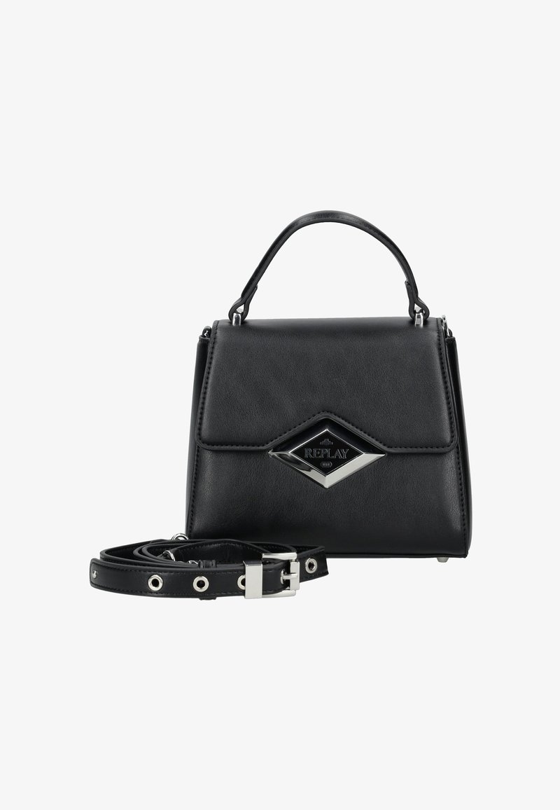 Borsa a tracolla in pelle nera con maniglia superiore, targhetta argentata a forma di diamante con la scritta "REPLAY" e una tracolla regolabile detachable arrotolata accanto.