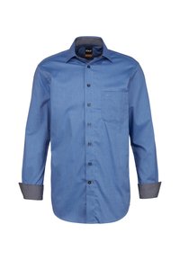 Camicia blue in cotone con tessuto liscia; presenta una tasca sul petto e polsini decorati con motivi a contrasto.