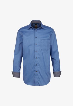 Camicia blue in cotone con tessuto liscia; presenta una tasca sul petto e polsini decorati con motivi a contrasto.