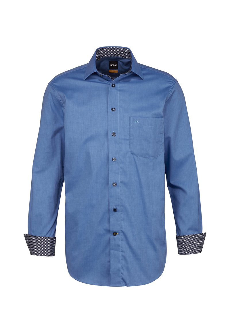 Camicia blue in cotone con tessuto liscia; presenta una tasca sul petto e polsini decorati con motivi a contrasto.