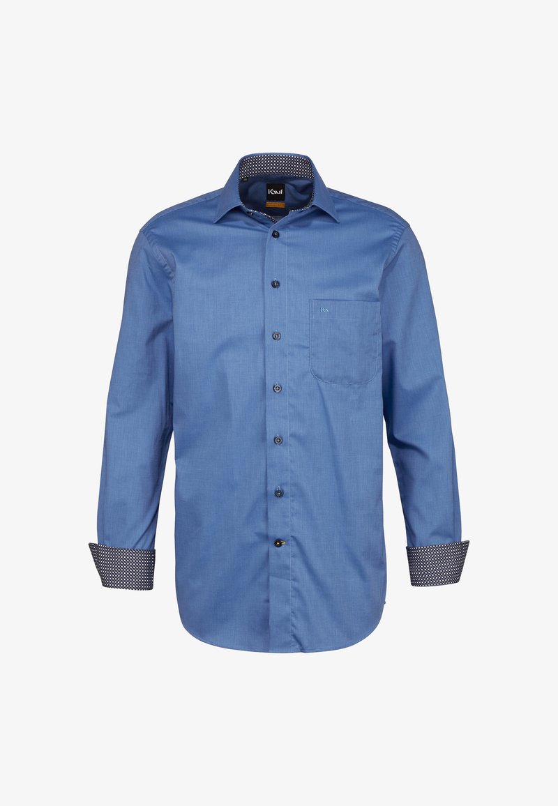 Camicia blue in cotone con tessuto liscia; presenta una tasca sul petto e polsini decorati con motivi a contrasto.