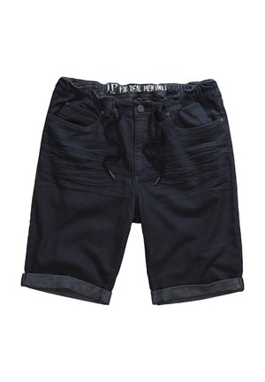 Granatowe szorty dżinsowe z elastycznym paskiem na sznurku, pięcioma kieszeniami, zwiniętymi mankietami i delikatnymi pionowymi paskami. Trwały materiał o gładkiej teksturze.