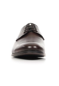 Braune Leder-Dressschuhe mit glatter Oberfläche, runder Zehenform und Schnürdesign. Verfügt über Stichdetails entlang der Ränder.