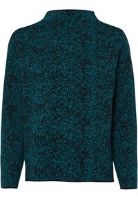 Pull en tricot noir et bleu canard, avec un motif texturé, col montant et manches longues. Tissu doux de poids moyen.