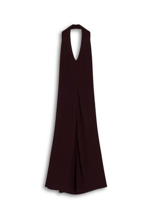 Long, dark maroon sleeveless dress with a deep V-neck and open back. The fabric is smooth, creating a flowing silhouette.