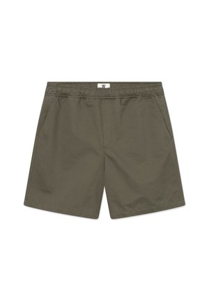 Pantaloncini casual da uomo verde oliva con vita elastica e tasche laterali, mostrati distesi su uno sfondo bianco.